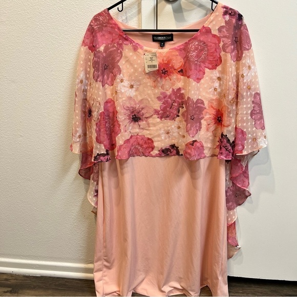 NWT Glamour Night Womens Midi Dress Pink Overlay Cape Floral Short Sleeve Size16 - Picture 9 of 11